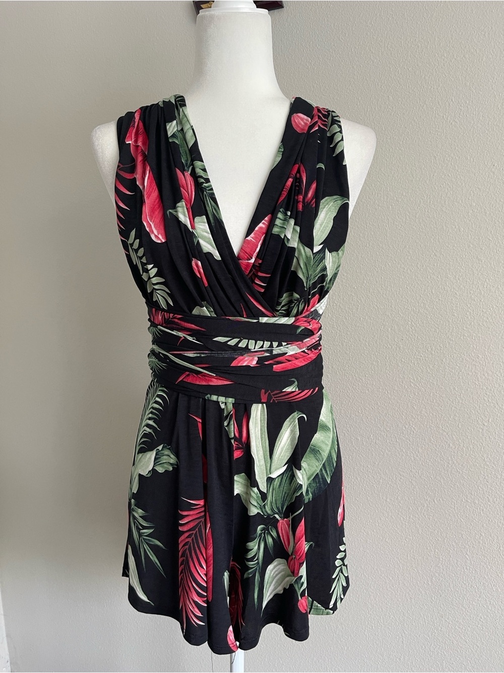 Tropical Wrap Romper in Black and Green